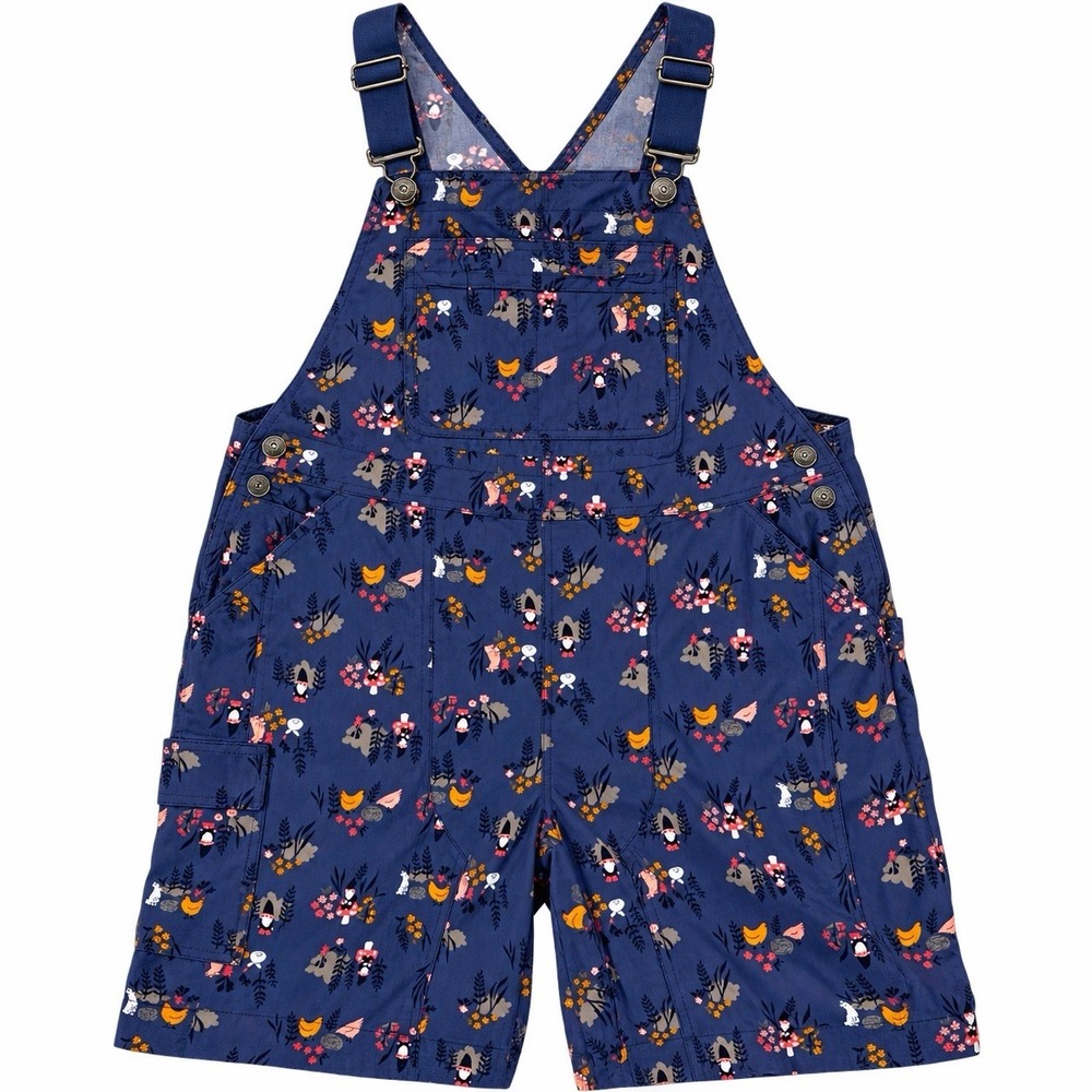 Duluth Trading Blue Heirloom Garden Overall Shorts Barnyard Chickens Gnomes XXL